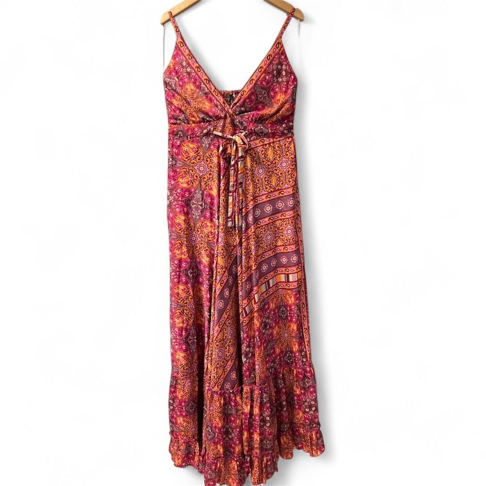 ME 2 MAGIC x Anthropologie Boho Paisley Print Maxi Dress Tie Front Smocked Waist